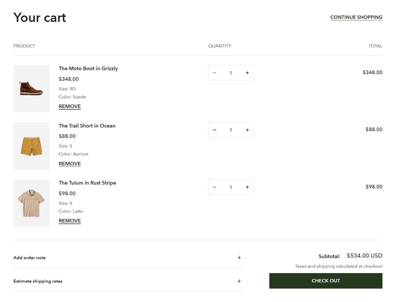 An example of a cart page in Zest theme